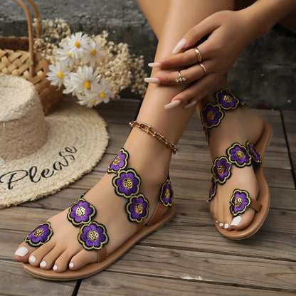 Ethnic style flowers flat sandals for women with fish mouth toe and floral design