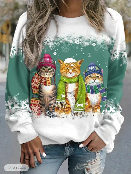 Women's Christmas Snowman and Cat Printed Long Sleeve T-shirt in various colours