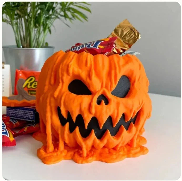 Melting Halloween pumpkin candy bowl with lid, reusable candy dish for spooky food display