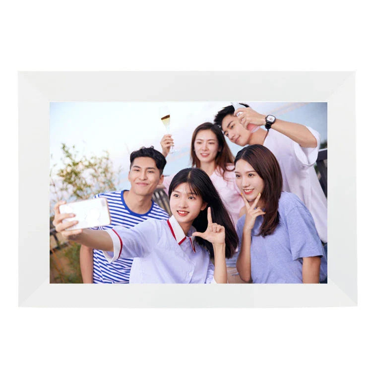 Smart WiFi digital photo frame with rotating display, high-resolution IPS-LCD screen, and seamless photo sharing capabilities