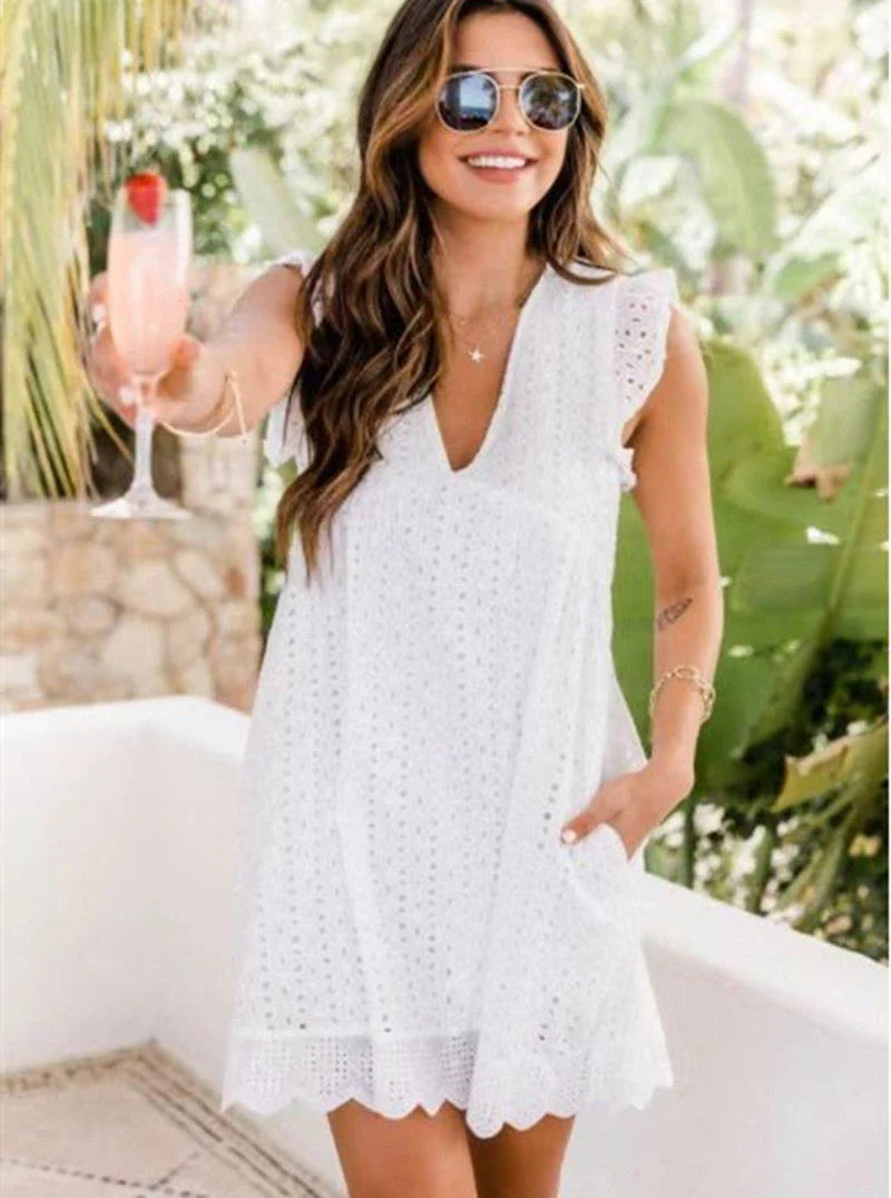 Stylish sleeveless lace pocket beach dress in a variety of vibrant colors