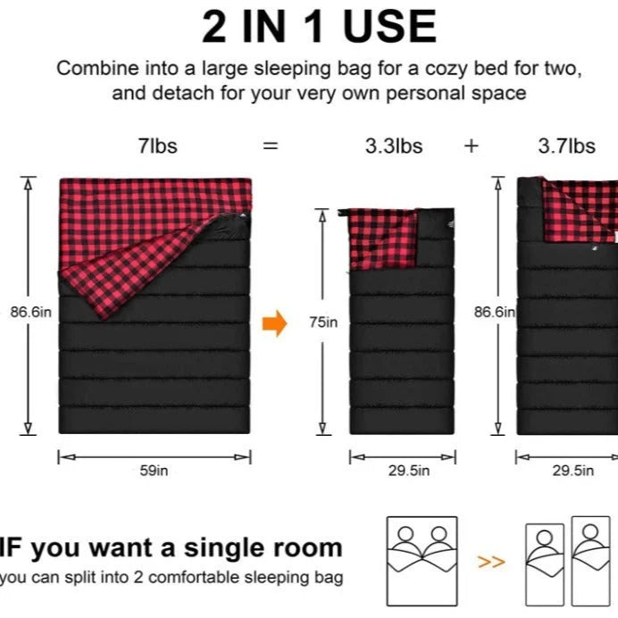 Outdoor camping flannel sleeping bag with pillow, available in black and red stripes or blue with blue ribbon