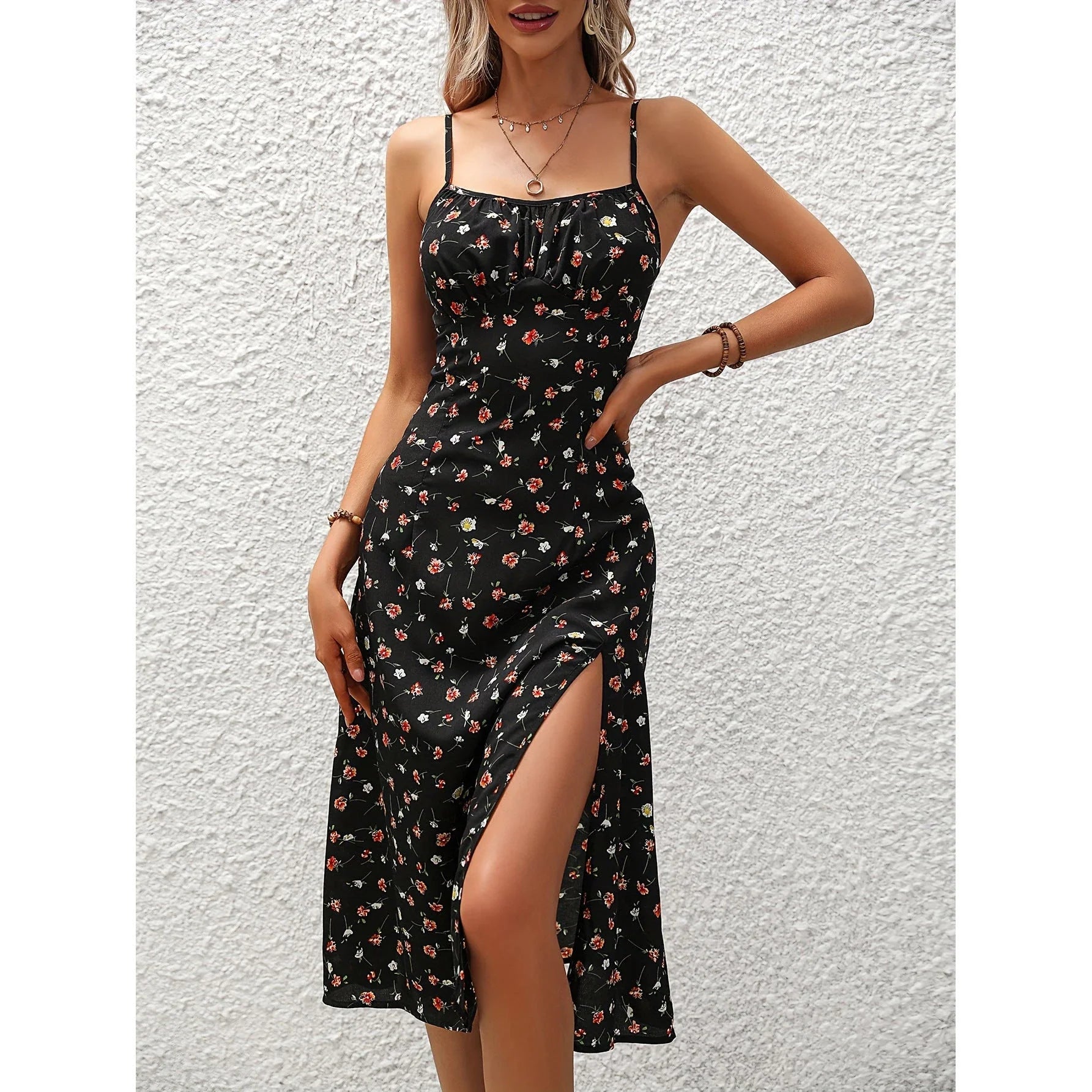 Stylish polka dot suspender dress in multiple colors and sizes for a chic summer look