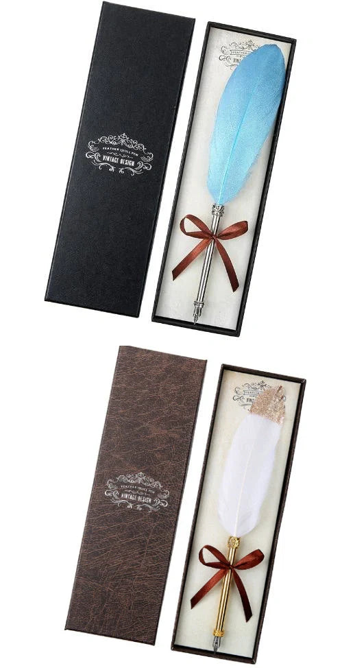 Elegant European-inspired feather pen in a luxurious gift box, showcasing its vintage-inspired design and premium stainless steel construction.