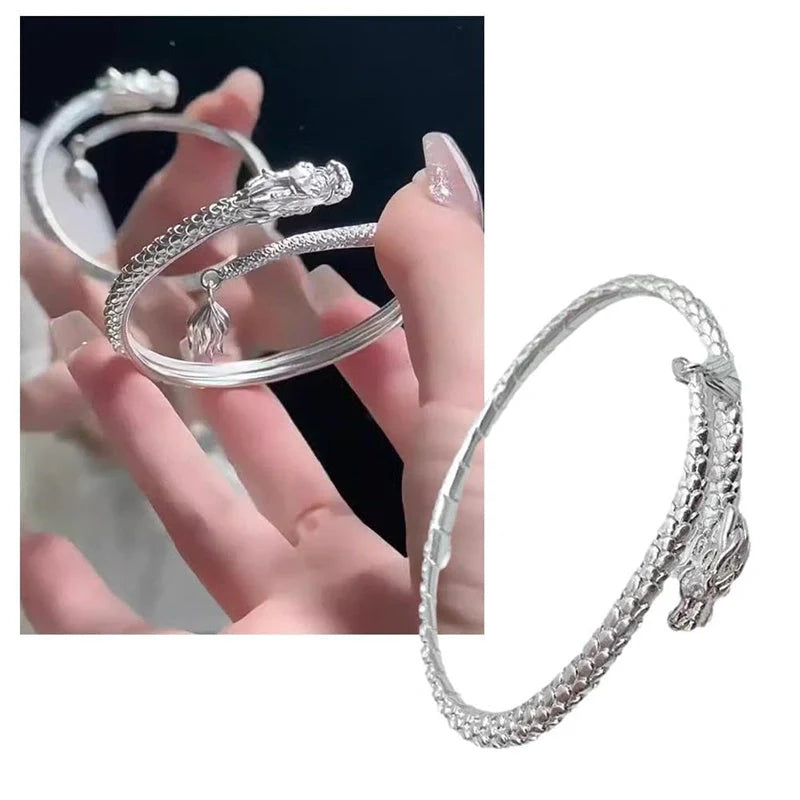 Adjustable Chinese-style dragon tail bangle bracelet with intricate dragon and phoenix decorations