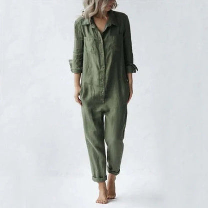 Women's loose fit long sleeve jumpsuit with pockets in various colors