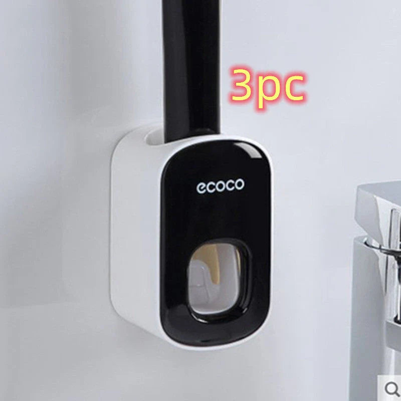 Wall-mounted automatic toothpaste dispenser with storage cups for toothbrush and bathroom accessories