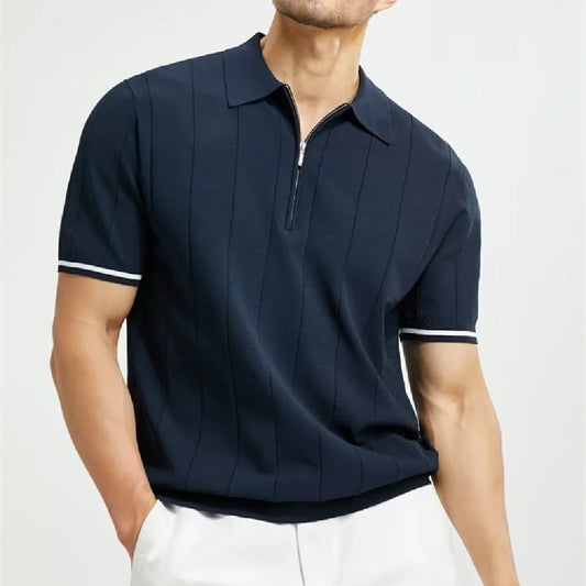 Short-sleeved polo shirt with zipper collar, available in white and dark blue colours, suitable for British summer style.