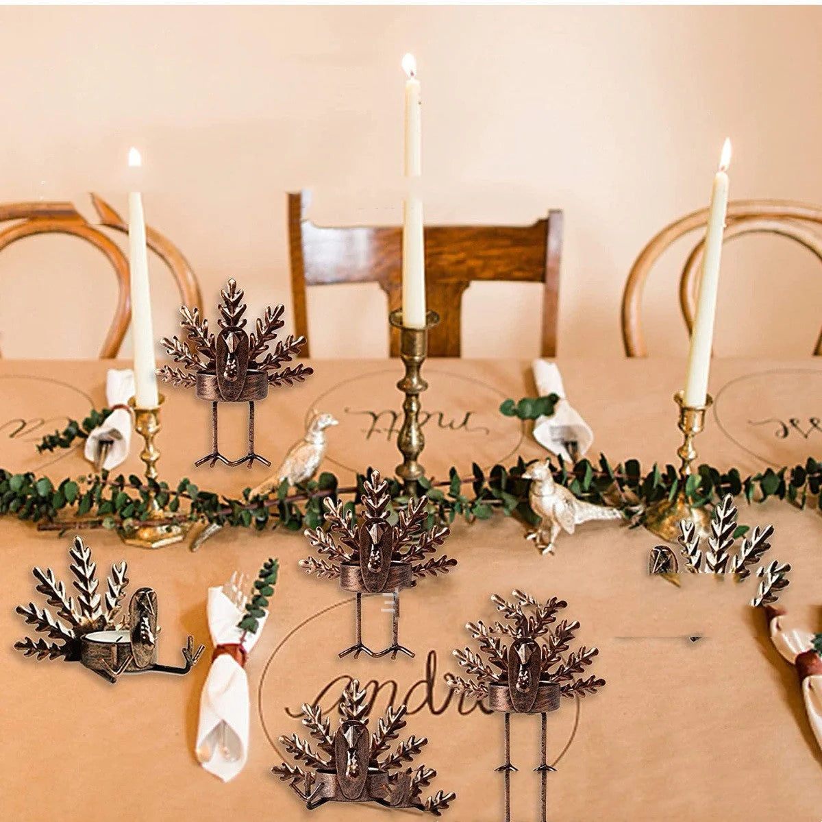 Retro iron turkey candlestick with tea light holder for festive holiday decor