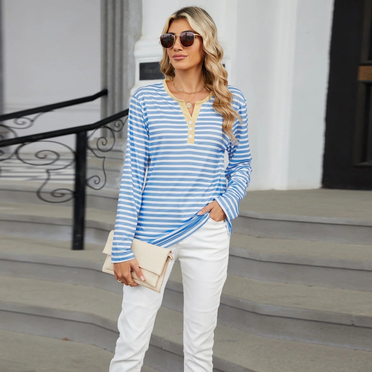 Women's V-neck striped loose long-sleeved t-shirt top in various colours