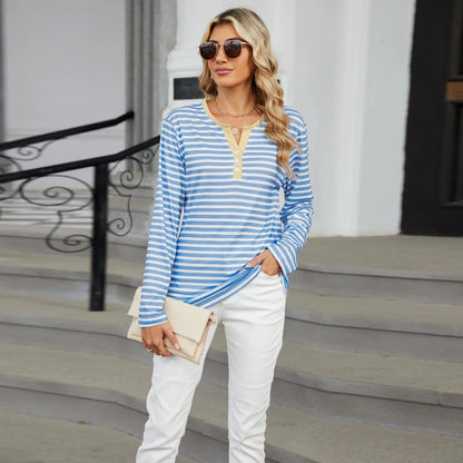 Women's V-neck striped loose long-sleeved t-shirt top in various colours