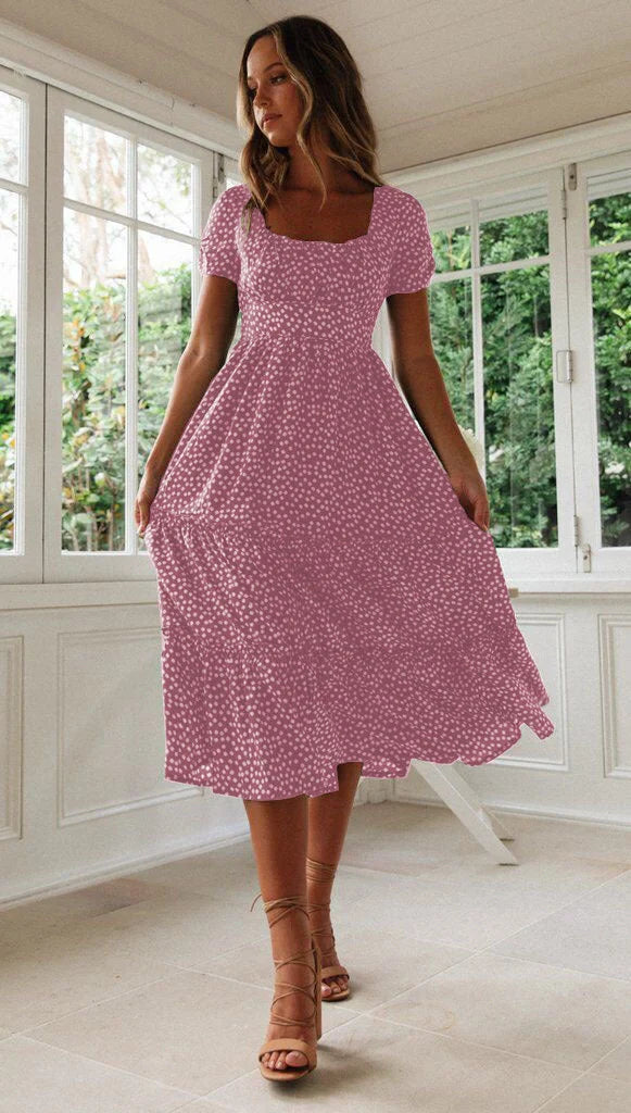 Elegant floral puff sleeve midi dress in various colours and patterns