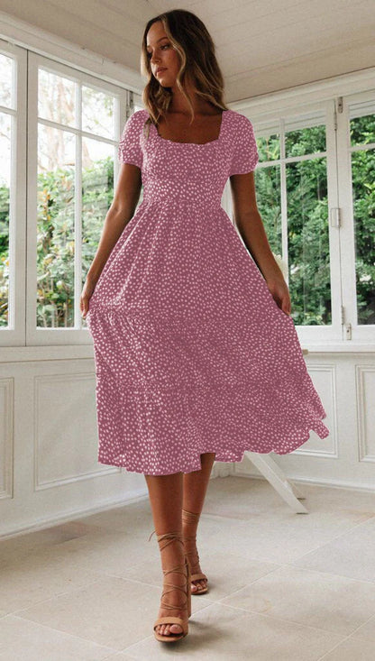 Elegant floral puff sleeve midi dress in various colours and patterns
