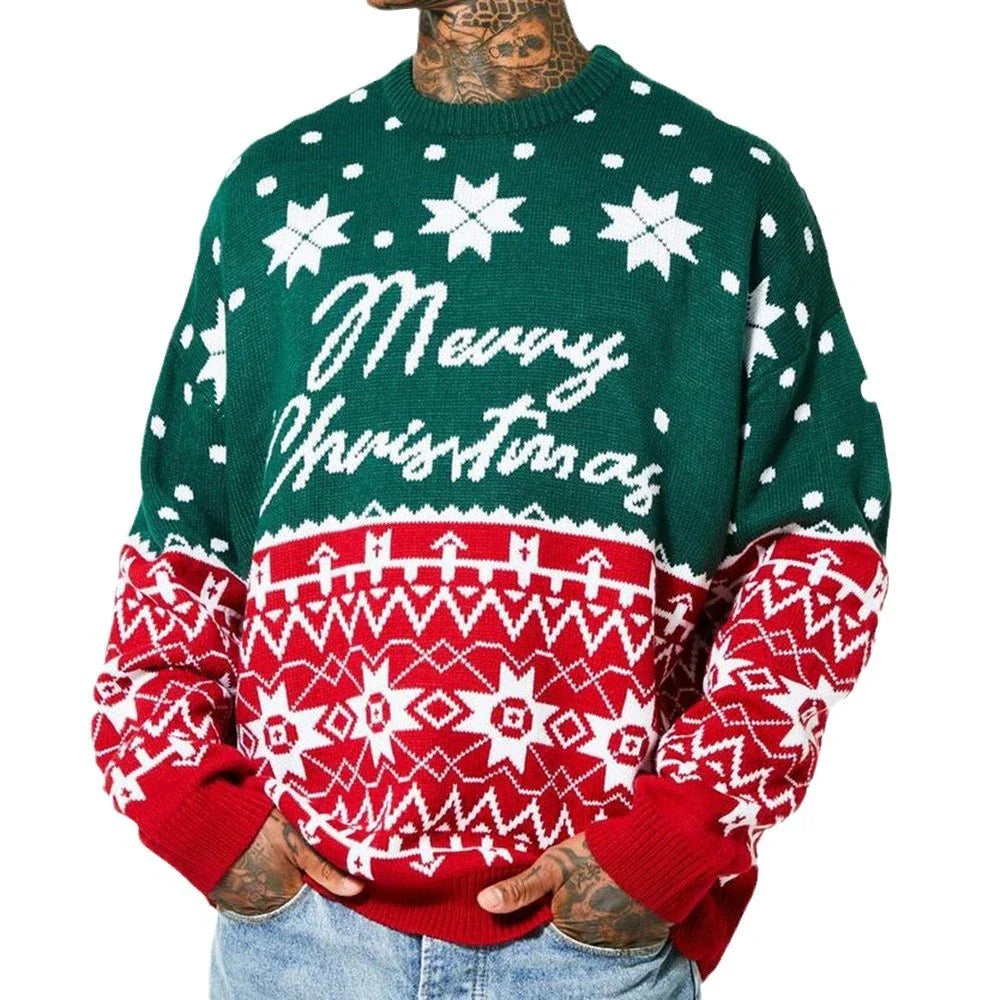 Men's knit jacquard pullover sweater in green and white colors, featuring a relaxed fit and soft, breathable viscose fabric for comfortable wear during autumn, winter, and Christmas seasons.