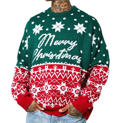 Men's knit jacquard pullover sweater in green and white colors, featuring a relaxed fit and soft, breathable viscose fabric for comfortable wear during autumn, winter, and Christmas seasons.