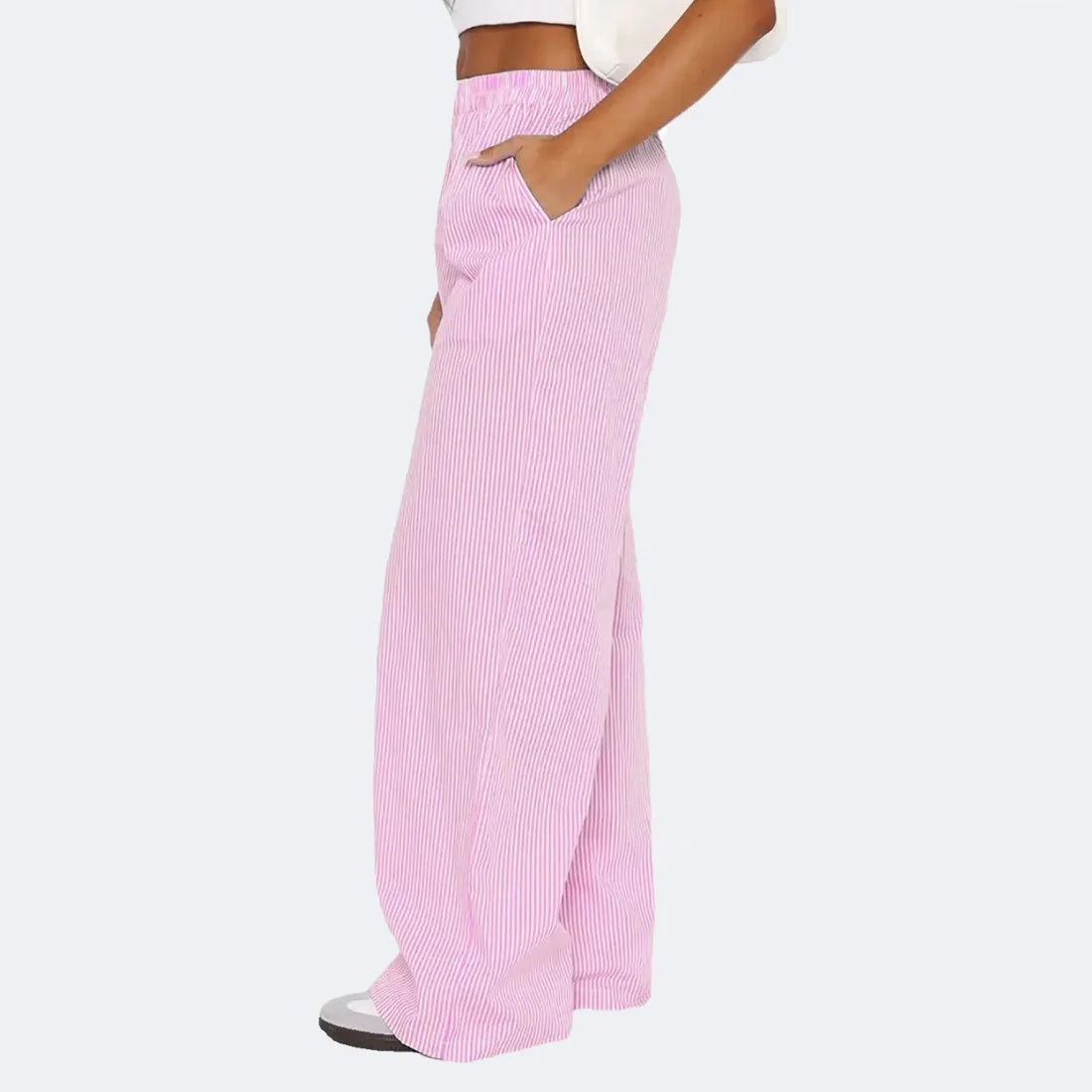 Women's wide-leg striped trousers with pockets in multiple colours