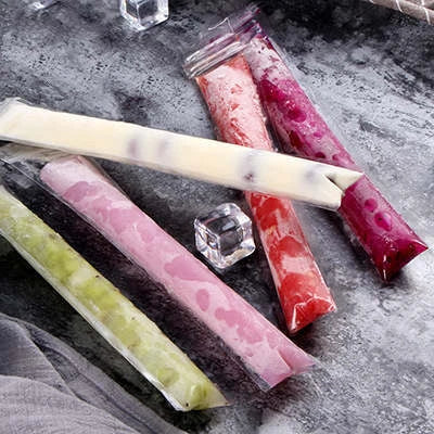 Disposable popsicle molds made of durable plastic with self-sealing design, allowing you to easily make homemade frozen treats in a variety of flavors