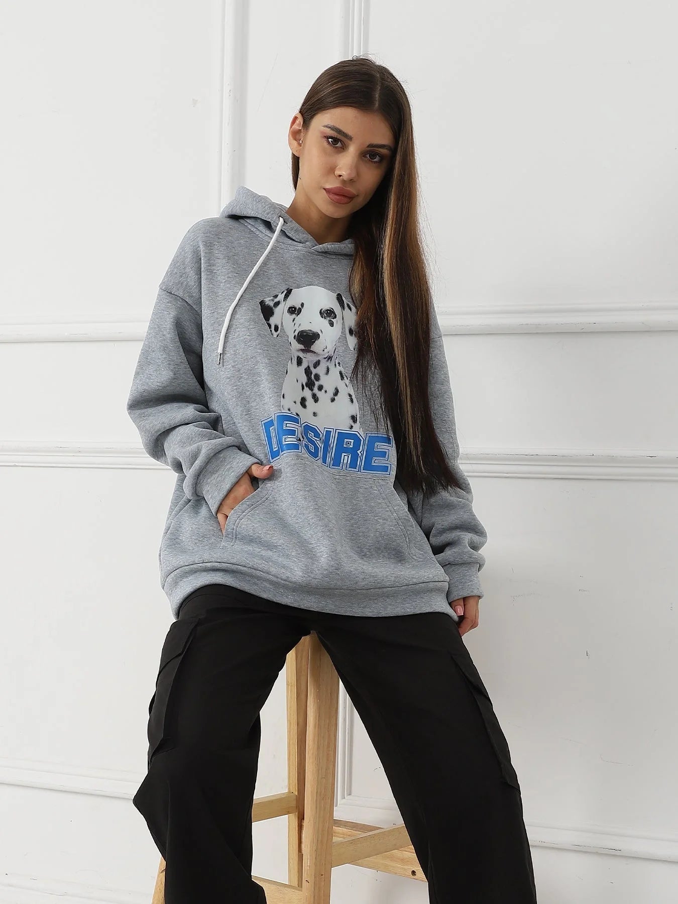 Stylish women's printed long sleeve sweatshirt in black, white, and grey