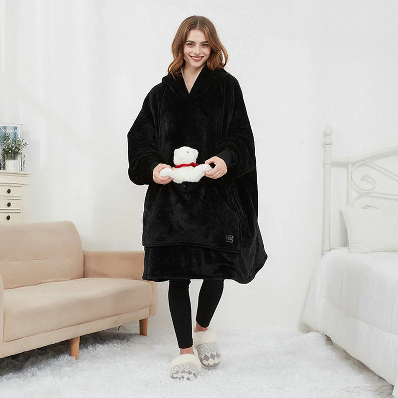USB heated oversized hoodie blanket with large back heating area in various colors