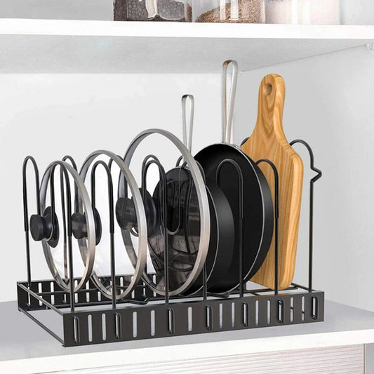 Sturdy 8-tier kitchen organiser shelf in black, featuring adjustable shelves for pots, pans, and tableware storage