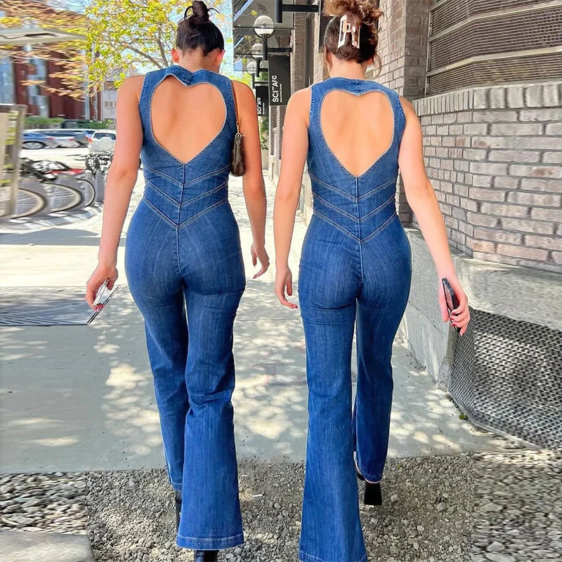 Stylish summer denim jumpsuit for women with halter neck and heart-shaped backless design