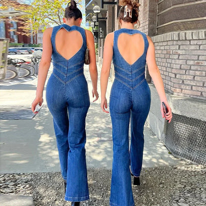 Stylish summer denim jumpsuit for women with halter neck and heart-shaped backless design