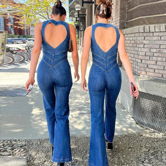 Stylish summer denim jumpsuit for women with halter neck and heart-shaped backless design