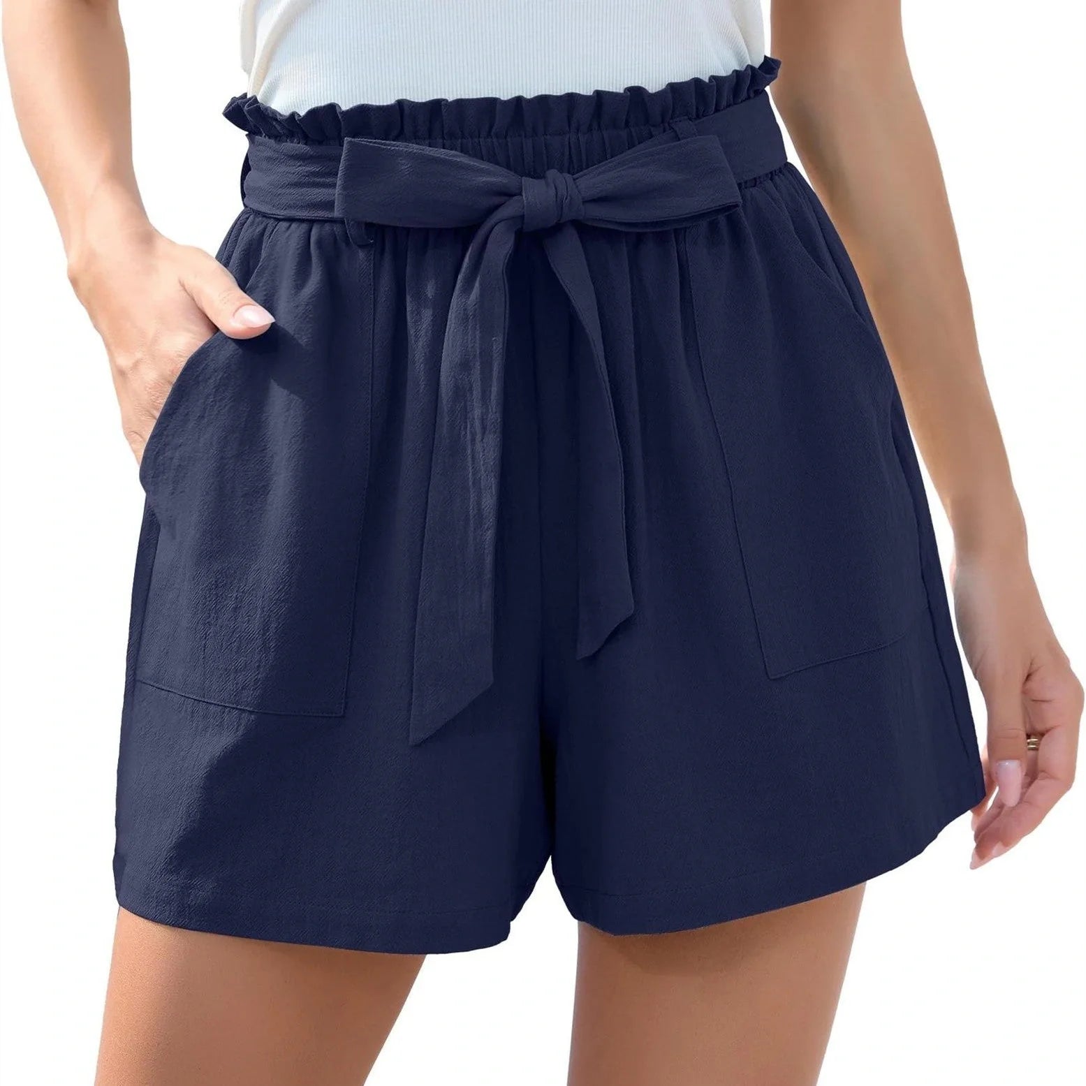 Stylish high waist women's shorts with ruffle bow tie detail and pockets for summer