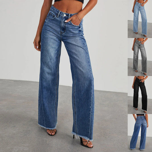 High-rise jeans with pockets, comfortable slim-fit straight leg pants for women in various colors