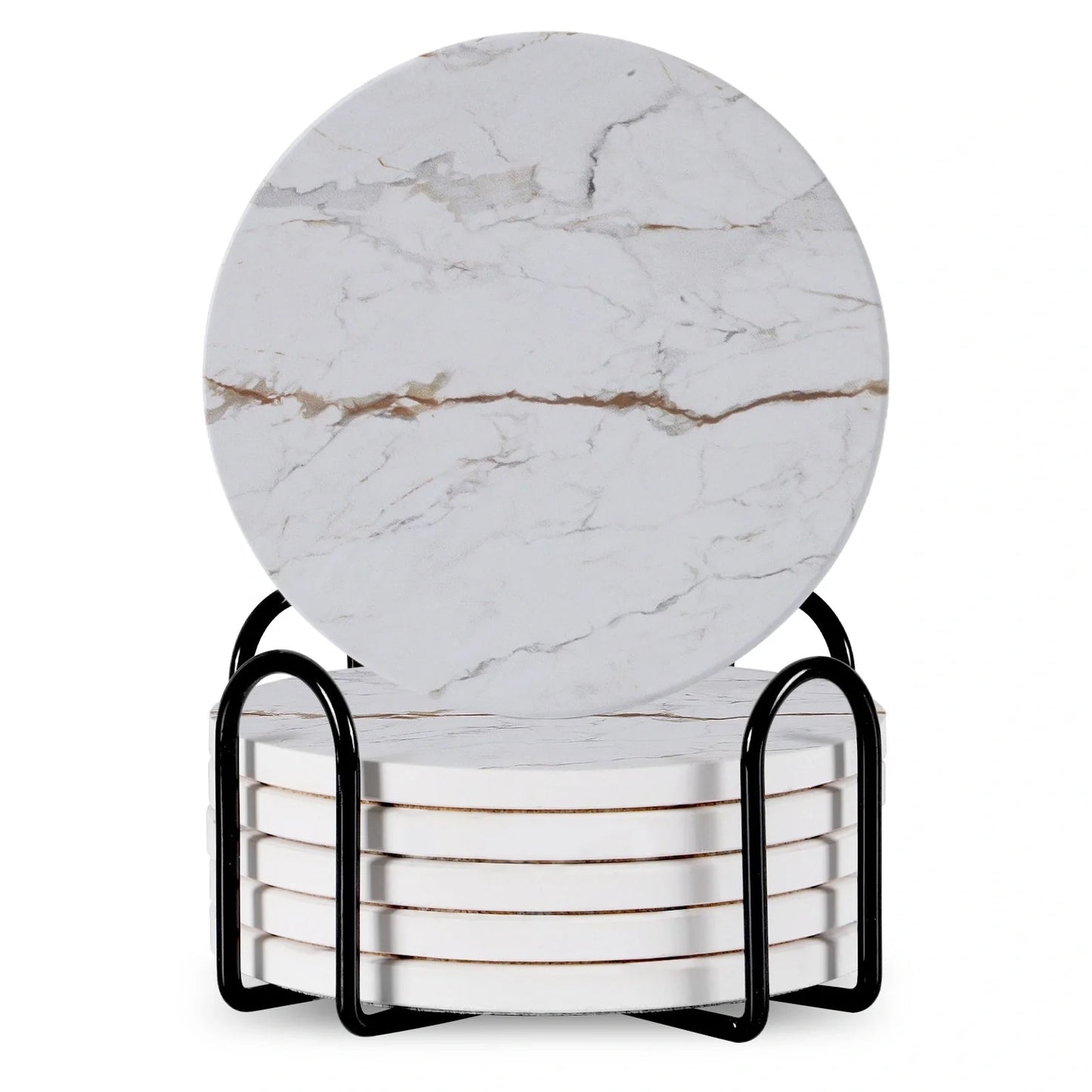 Set of 6 ceramic beverage coasters with metal stand and cork base, elegant and practical.