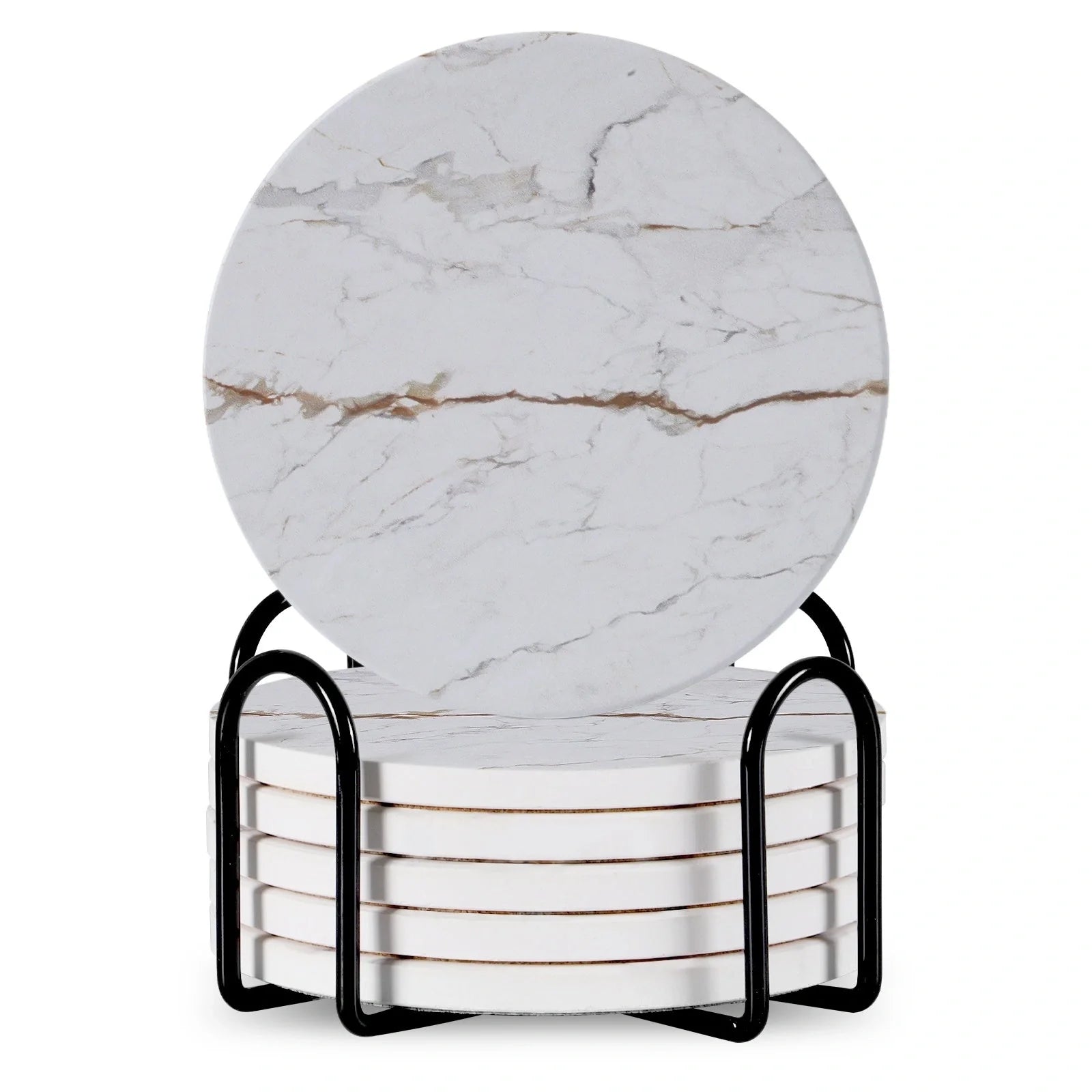 Set of 6 ceramic beverage coasters with metal stand and cork base, elegant and practical.