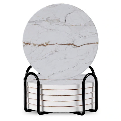 Set of 6 ceramic beverage coasters with metal stand and cork base, elegant and practical.