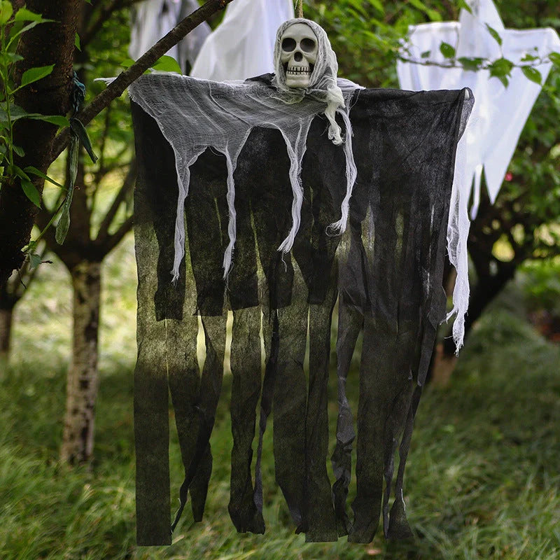 Skeleton Hanging Ghost Halloween Decoration floating eerily in the wind