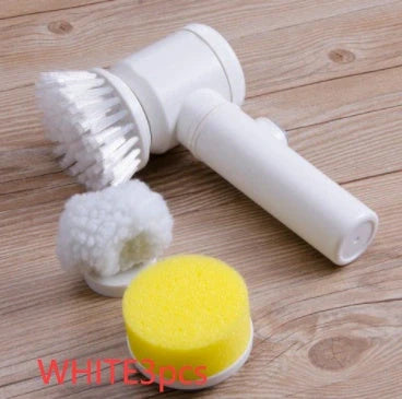5-in-1 electric cleaning brush with white handle and three interchangeable heads