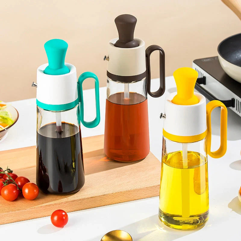 2-in-1 oil dispenser with silicone brush for BBQ and cooking, available in yellow, green, and brown