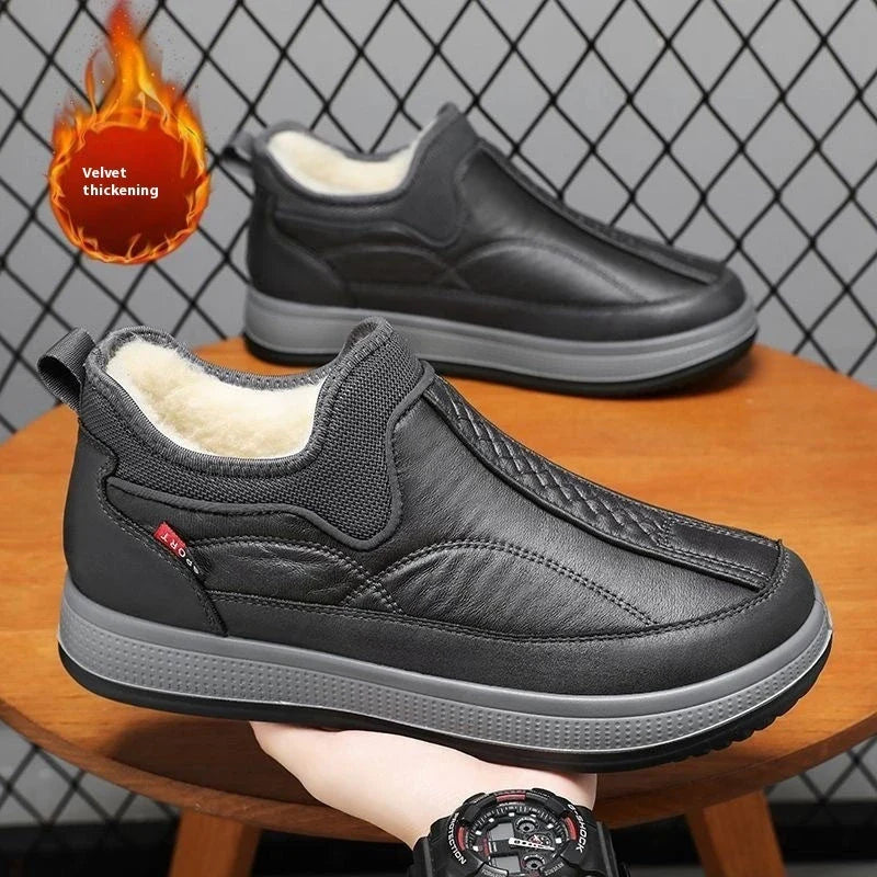 Cozy winter snow boots with round-toe design, non-slip platform, and warm fleece lining in black and grey colors