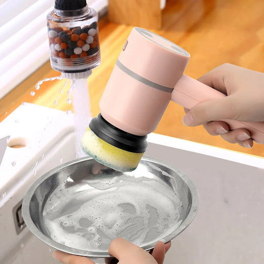 Powerful automatic cordless cleaning brush with interchangeable brush heads for cleaning kitchen, bathroom, and other surfaces