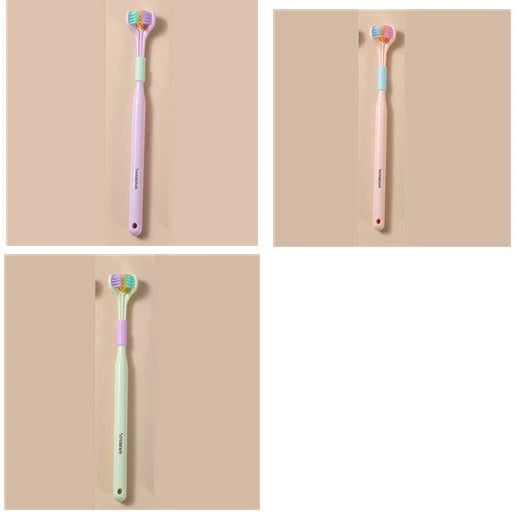 Soft bristle toothbrush with 3-sided brush head for thorough dental cleaning