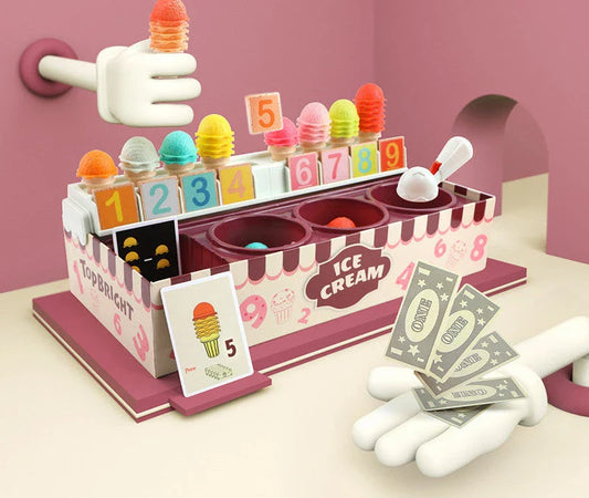 Colorful wooden ice cream kitchen playset with scoops, cash register, and menu cards for educational and imaginative play