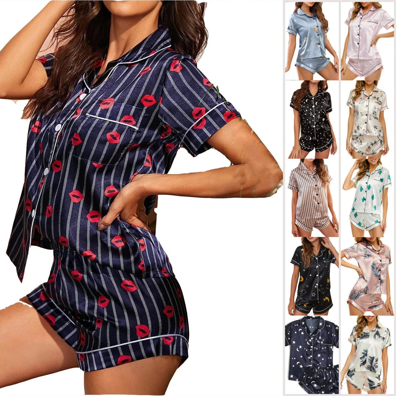 Women's summer satin pajama set with V-neck and adjustable straps