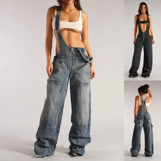 Stylish denim overalls with adjustable suspender straps, front and back pockets, and a comfortable micro-elastic fit, available in a variety of chic colors.