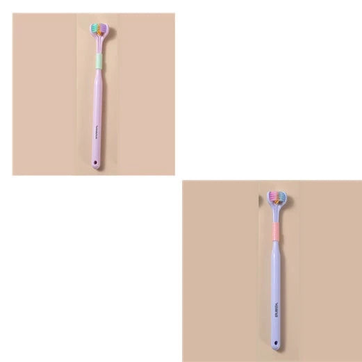 Soft bristle toothbrush with 3-sided brush head for thorough dental cleaning