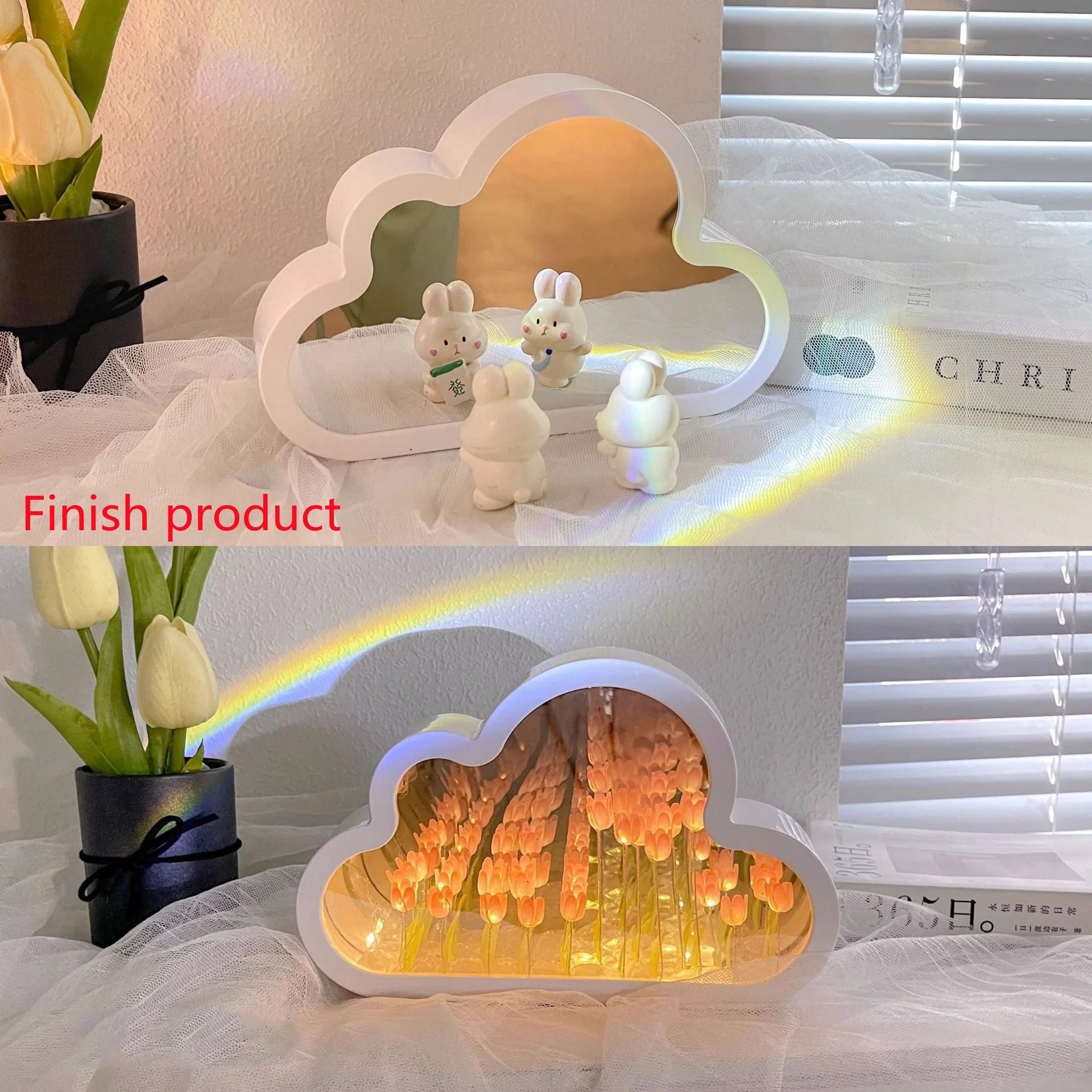 DIY Tulip Night Lamp in pink, purple, and blue with LED lights and decorative mirror feature