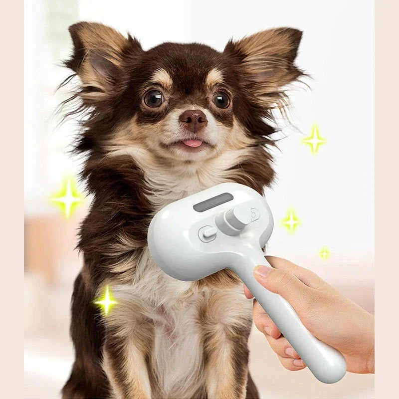 Versatile self-cleaning pet grooming brush with misting humidifier for removing tangles, mats, and loose fur from dogs and cats