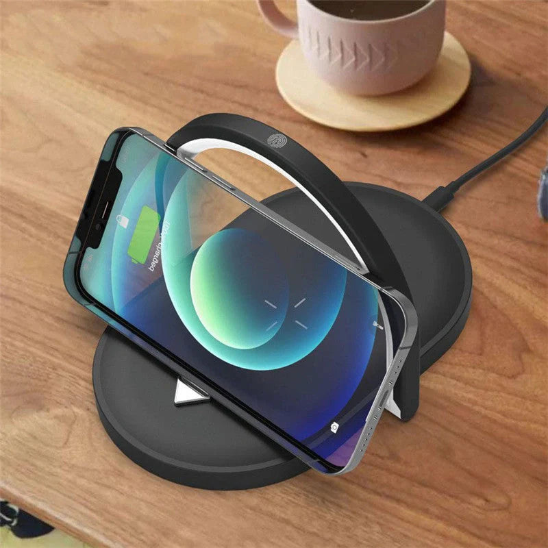 Portable 15W dimming desk lamp with wireless charging feature in black and white