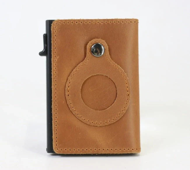 Premium leather wallet with built-in AirTag holder for secure everyday carry and item tracking