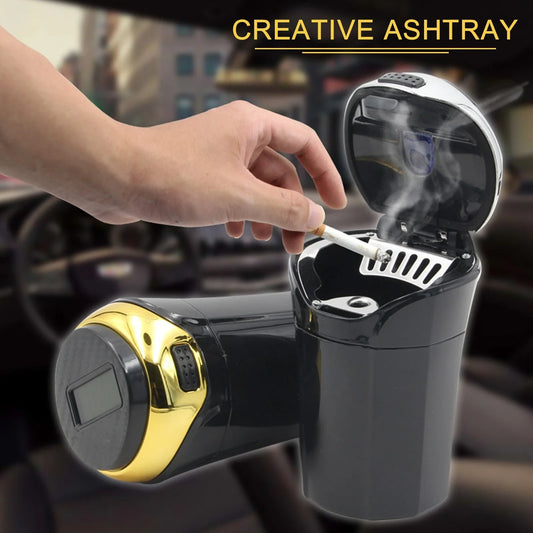 Rechargeable car ashtray with solar-powered LED light and detachable design for easy cleaning