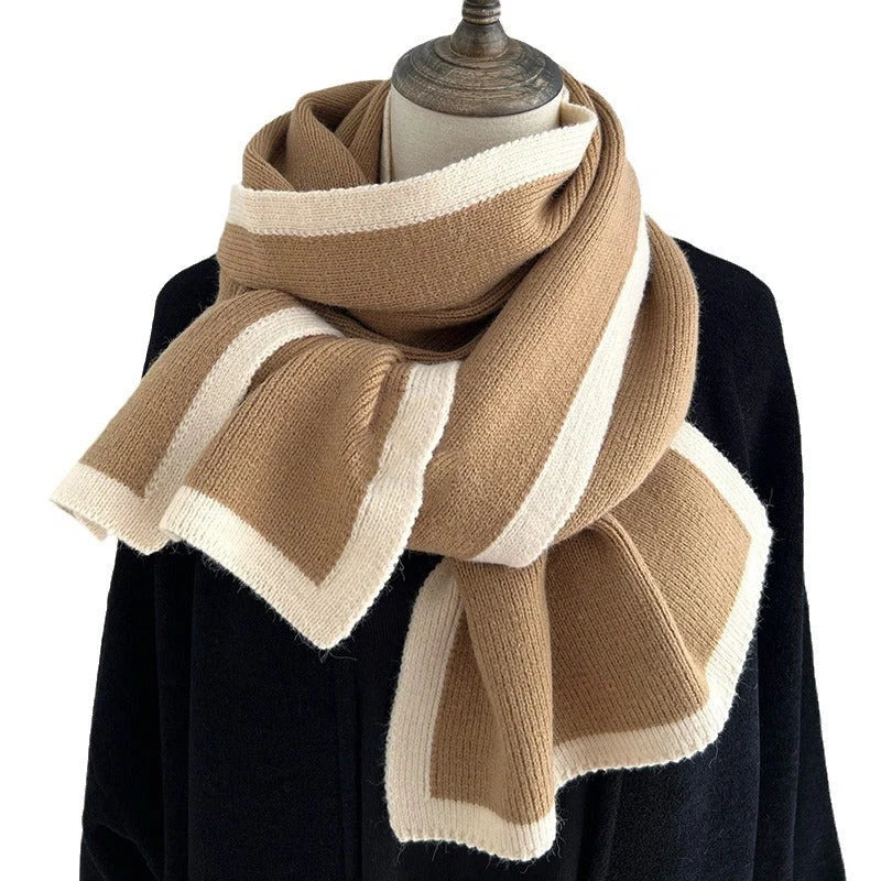 Knitted wool scarf with colourful borders, perfect for winter fashion