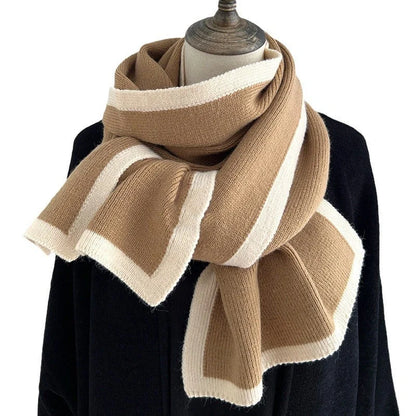 Knitted wool scarf with colourful borders, perfect for winter fashion