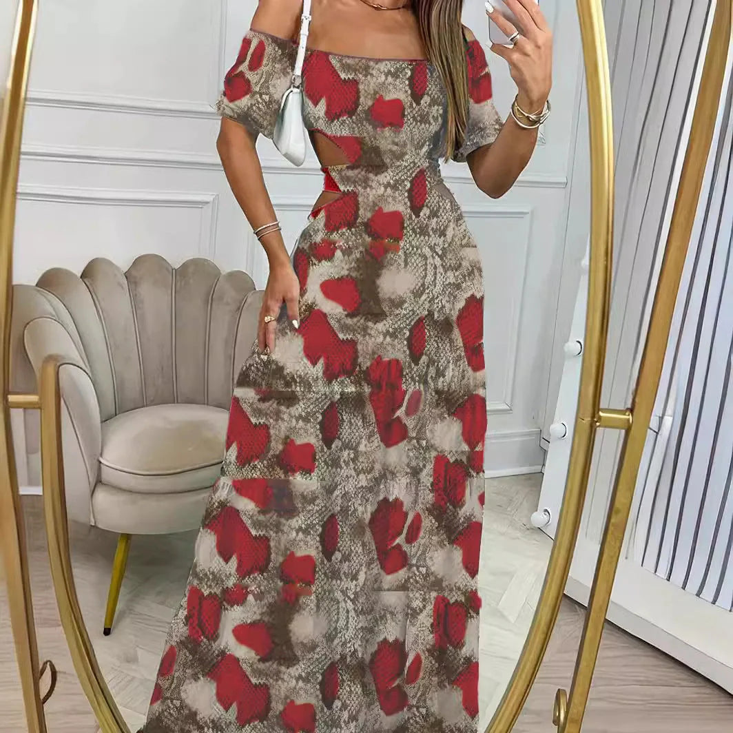 Elegant floral print chiffon summer dress with one-line collar and short sleeves